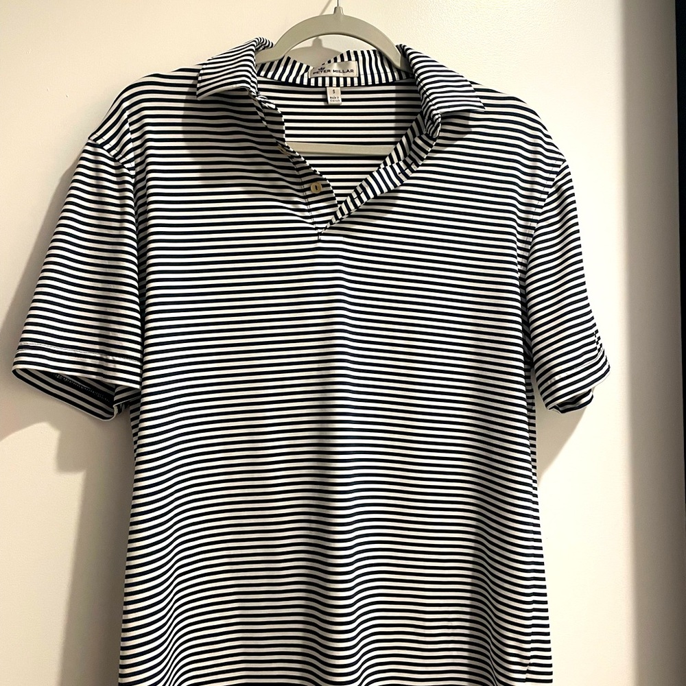 Peter Millar navy with white stripes polo. Great condition